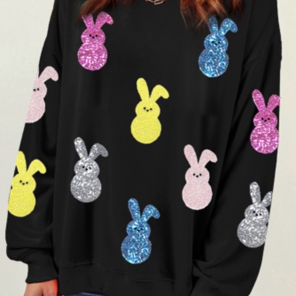 POODIT sequin bunny black Easter holiday sweatshirt S M L XL - Picture 4 of 5